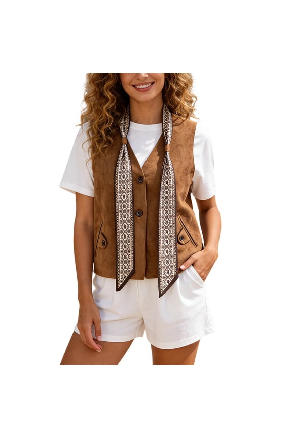 Womens Vests Women's French Style Layering Vest Sleeveless with Scarf Collar for Casual Blouse Outerwear Solid Color V Neck Khaki S