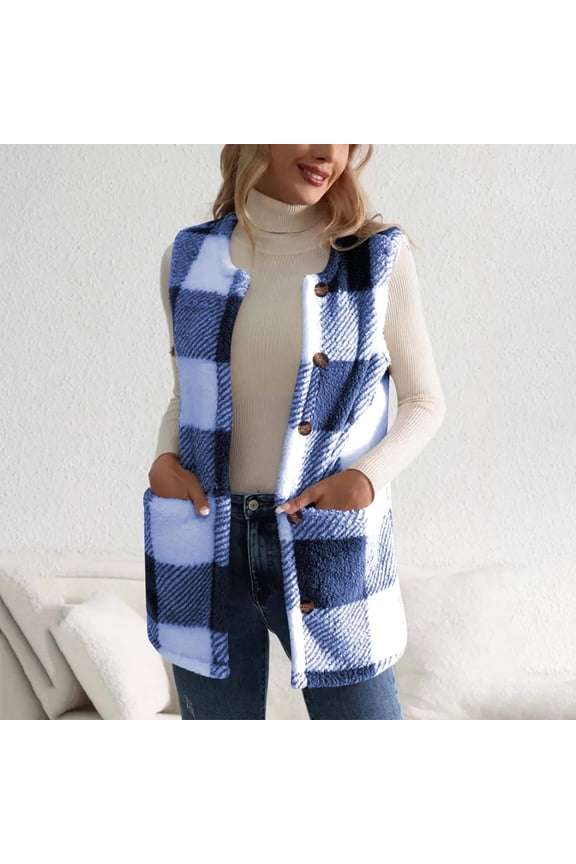 Womens Vestss Winter Checkered Pocket Color-Blocked Button Jacket Top Fall Lightweight Jacket for Women Trendy Casual Puffy Comfortable Vests