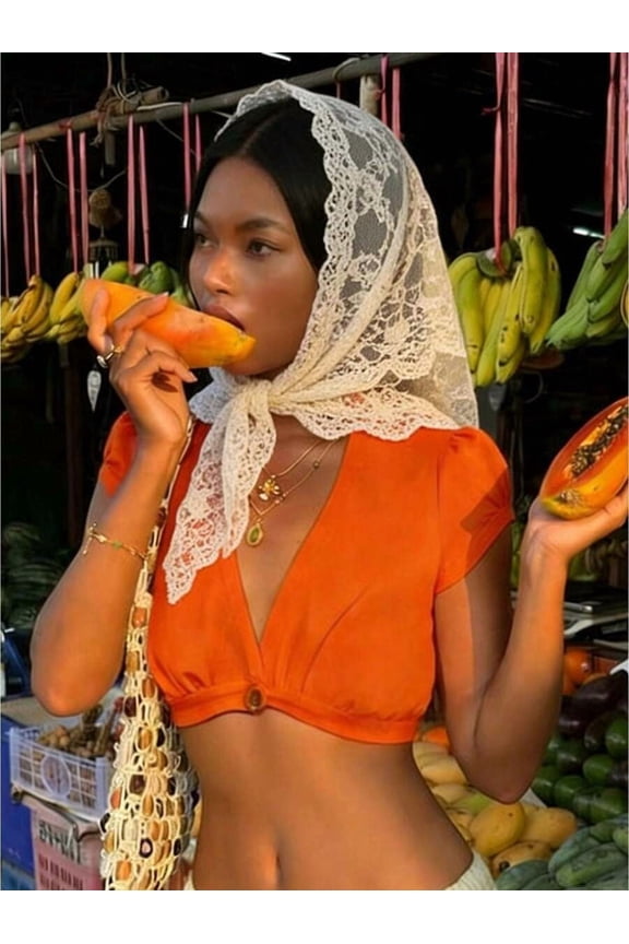Womens Vibrant Orange Solid V-Neck Button-Front Short Sleeve Fitted Super Crop Top Summer Casual