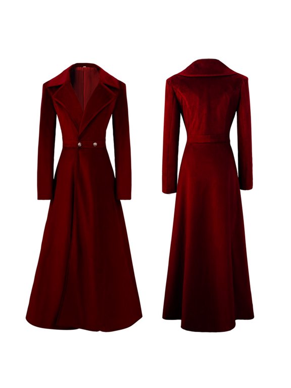 Womens Victorian Coat Solid Notched Lapels Long Sleeve Double Jacket Fitted Waist Flared Maxi Hem Party Overcoat