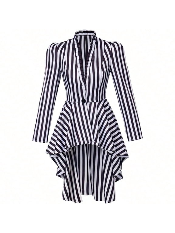 Womens Victorian Style Black and White Striped Tailcoat Jacket Long Sleeve Vintage Formal Coat