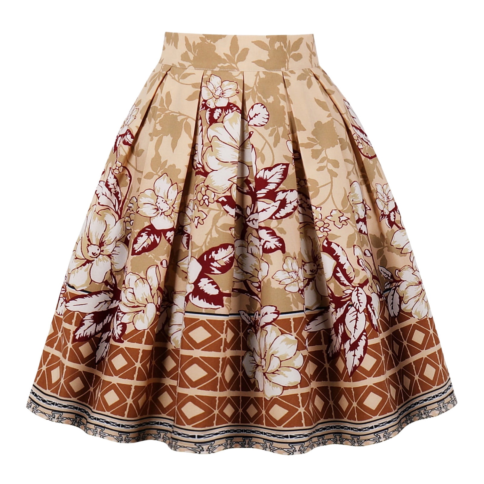 Womens Vintage A Line Midi Skirts Floral Print Pleated Skirts 50s