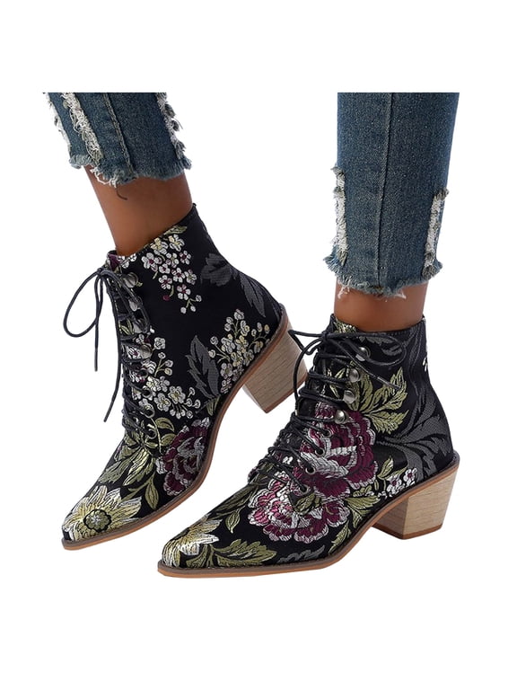 Womens Vintage Ankle Boots Floral Embroidered Cowboy Dress Booties Retro Lace up Wedding Party Heels Pumps