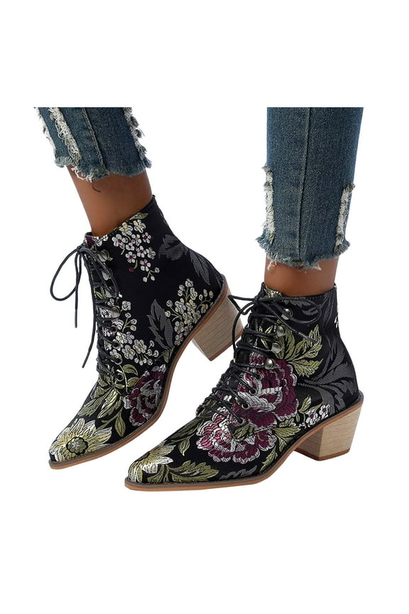 Womens Vintage Ankle Boots Floral Embroidered Cowboy Dress Booties Retro Lace up Wedding Party Heels Pumps