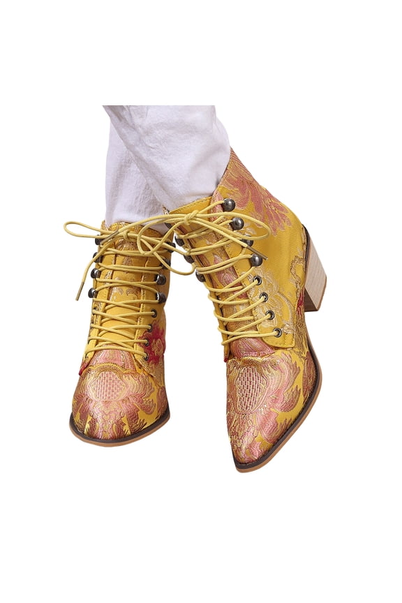 Womens Vintage Ankle Boots Floral Embroidered Cowboy Dress Booties Retro Lace up Wedding Party Heels Pumps