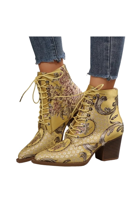 Womens Vintage Ankle Boots Floral Embroidered Cowboy Dress Booties Retro Lace up Wedding Party Heels Pumps