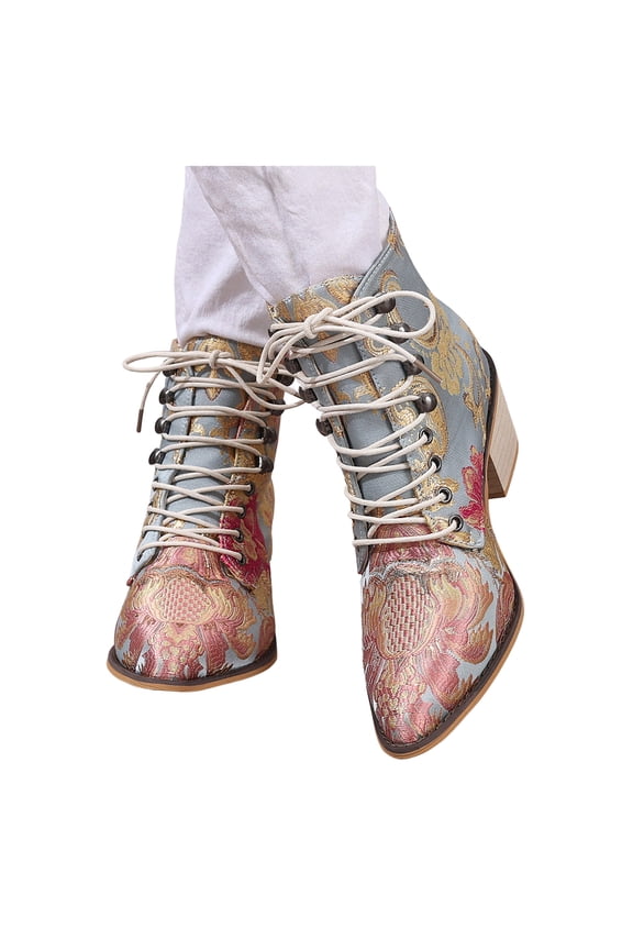 Womens Vintage Ankle Boots Floral Embroidered Retro Combat Western Booties Lace up Cowboy Cowgirl Fall Winter Dress Shoes