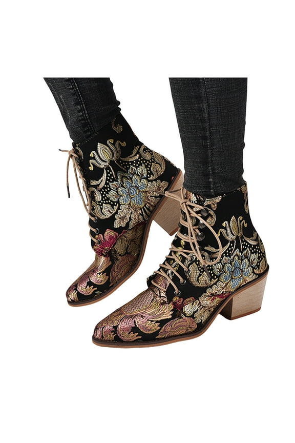 Womens Vintage Ankle Boots Floral Embroidered Retro Combat Western Booties Lace up Cowboy Cowgirl Fall Winter Dress Shoes