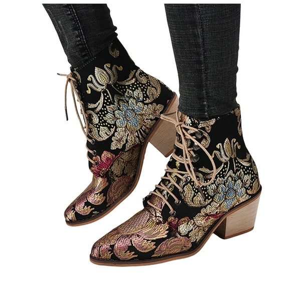Womens Vintage Ankle Boots Floral Embroidered Retro Combat Western Booties Lace up Cowboy Cowgirl Fall Winter Dress Shoes
