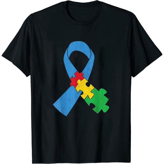 Womens Vintage Autism Support Autistic Kids Awareness Blue Ribbon T-Shirt Black Large