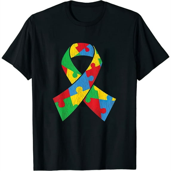 Womens Vintage Autism Support Proud Autistic Kids Awareness Ribbon T-Shirt Black Large