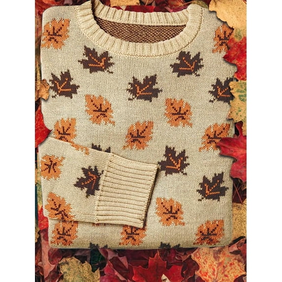 Womens Vintage Autumn Leaf Print Knit Sweater, Apricot Crew Neck Long