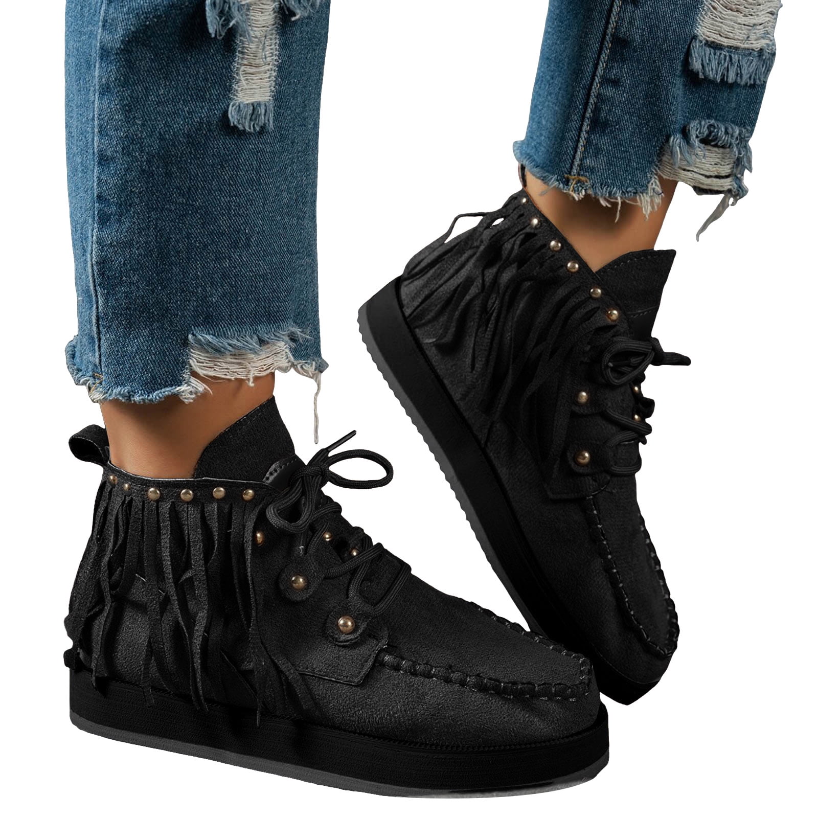 Womens Vintage Black Fringe Platform Boots Suede Studded 