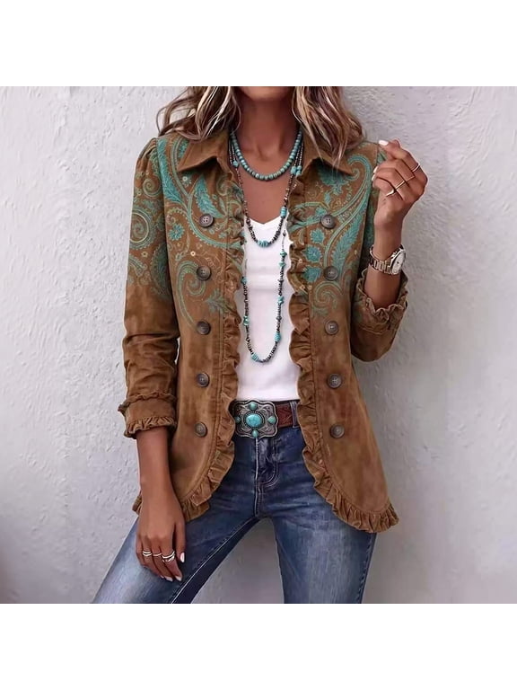 Womens Vintage Boho Floral Print Ruffle Trim Double Breasted Jacket Lapel Collar Ruffled Cuffs for Office Work Travel Vacation Fall Coats M