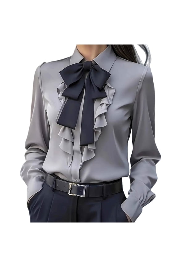 Womens Vintage Bow Tie Neck Blouse Long Sleeve Ruffled Casual Work Shirt Ruffle Lapel Collar Dressy Business Tops