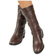 thumbnail image 1 of Womens Vintage Buckles Mid Calf Motorcycle Riding Combat Boots Leather Pointed Toe Chunky Heel Winter Fall Tall Boots Brown Size 9, 1 of 6