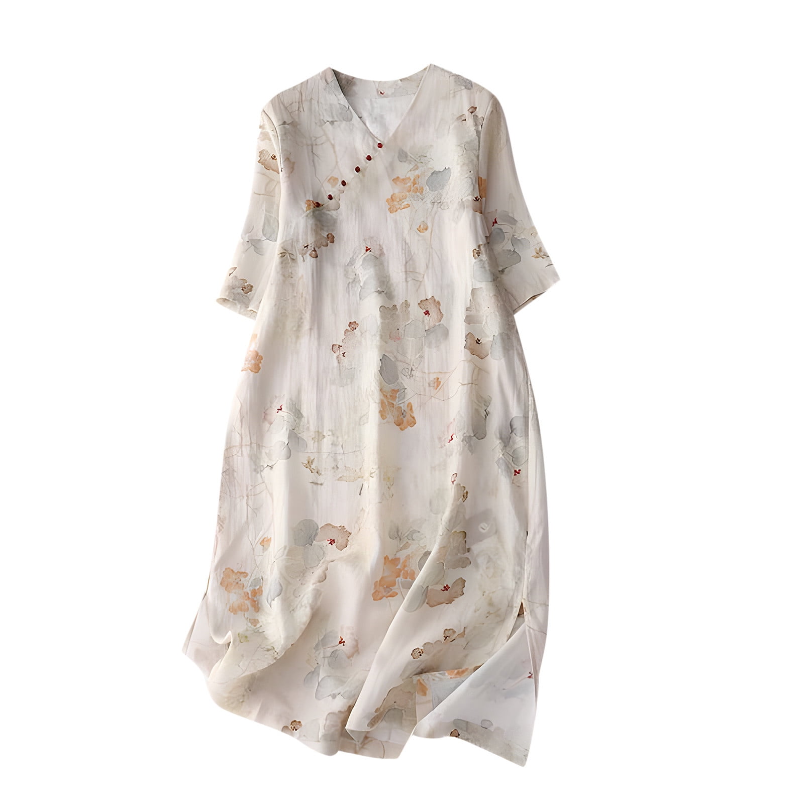 Chinese Style Pink Embroidered Side Open Linen Dress Summer main image 1