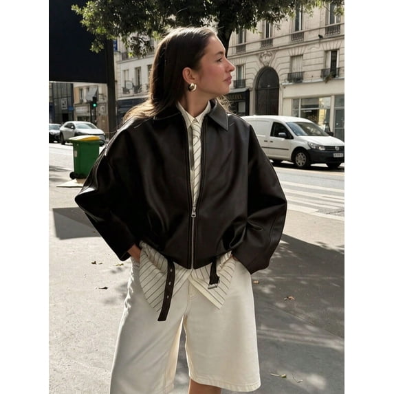 Womens Vintage Coffee Brown PU Leather Bomber Jacket Casual Zip Up