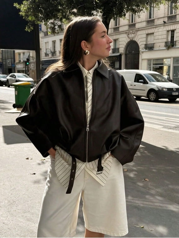 Womens Vintage Coffee Brown PU Leather Bomber Jacket Casual Zip Up