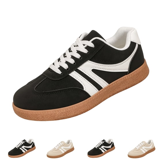 Womens Vintage Color Block Casual Sneakers Black White Faux Suede Non Slip Gum Rubber Sole Lace Up for Walking Commute Daily Wear Ladies Shoes 40