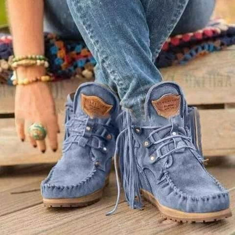 Womens Vintage Cowboy Fringed Ankle Boots Winter Comfy Suede High Top Round Toe Hippie Moccasin Flat Snow Booties