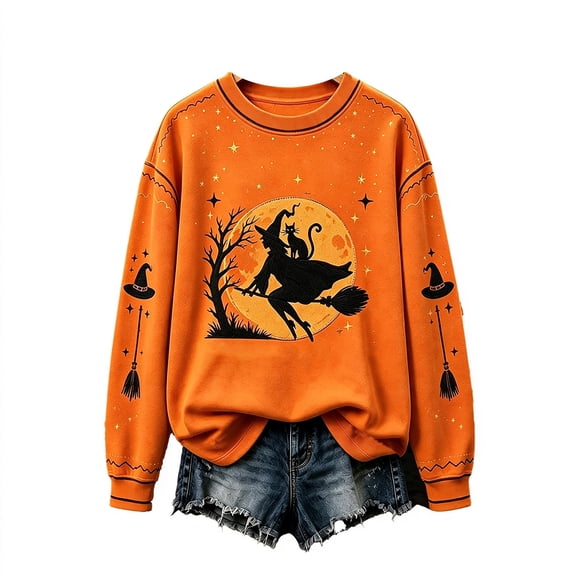 Womens Vintage Crew Neck Sweatshirt Long Sleeve Full Moon Witch Graphic Pullover Relaxed Fit Casual Fall Halloween Tops Fluorescence Yellow M