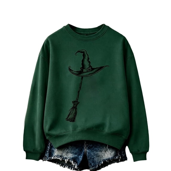 Womens Vintage Crew Neck Sweatshirt Long Sleeve Full Moon Witch Graphic Pullover Relaxed Fit Casual Fall Halloween Tops Green S