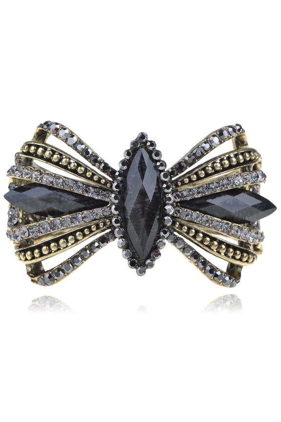 Womens Vintage Cute Ribbon Bow Crystal Rhinestone Wedding Prom Bride Cuff Bangle Bracelet (Antique Black)