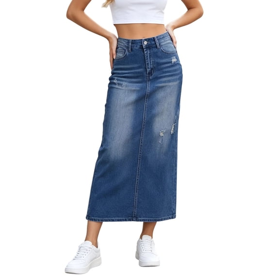 Womens Vintage Denim Pencil Skirt High Waist Bodycon Long Washed Jean Maxi Skirt Slim Fit Bottoms Blue L