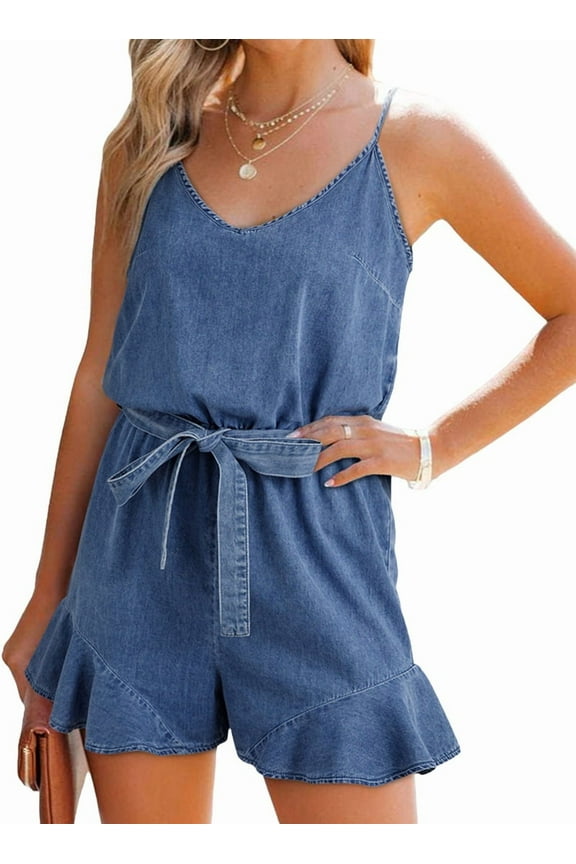 Womens Vintage Denim Rompers Summer Distressed Spaghetti Strap V Neck Wide Leg Belted Short Jean Jumpsuit Blue XL
