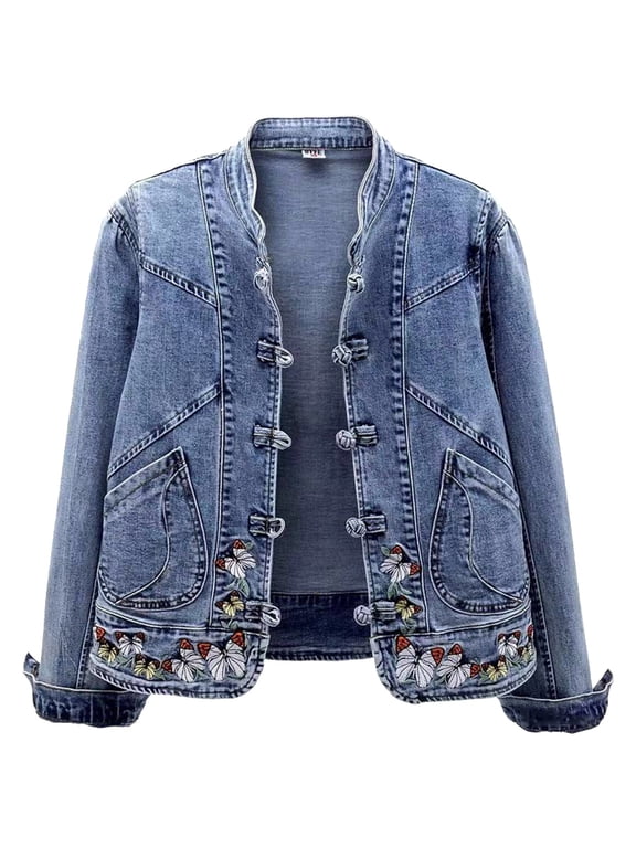 Womens Vintage Embroidered Denim Jacket Retro Jean Jacket Casual Long Sleeve Button Up Coat Trendy Tops for Spring Fall Outfits