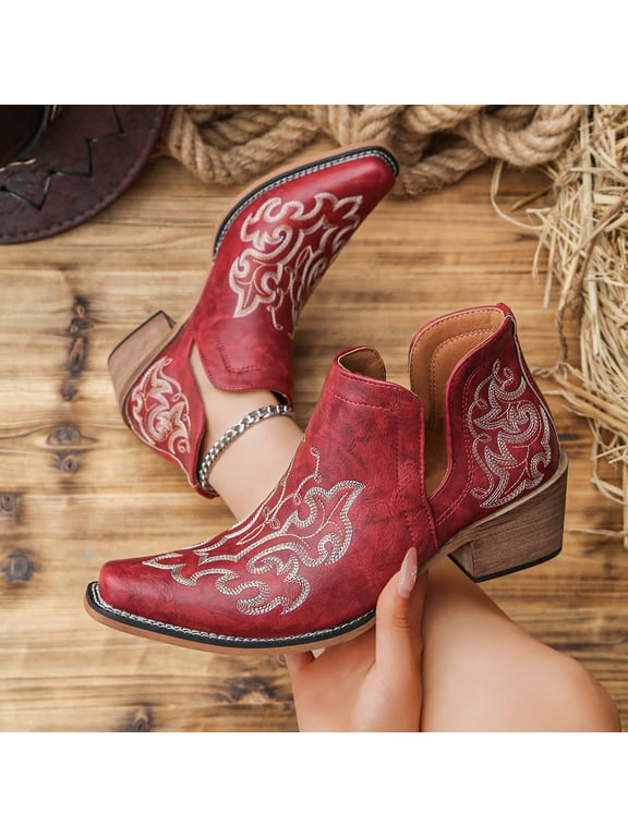 Womens Vintage Embroidered Western Ankle Boots Double Side V Notch Slip On Low Wood Heel Leather Cowboy Booties for Street Festival Daily Wear Red 36