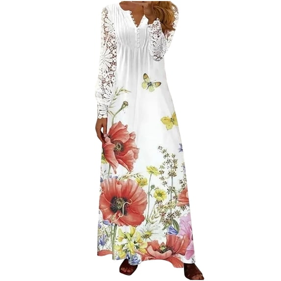 Womens Vintage Empire Waist Floral Maxi Dresses Crochet Lace Lantern Long Sleeve Dress Ruched Casual Elegant Dress for Women