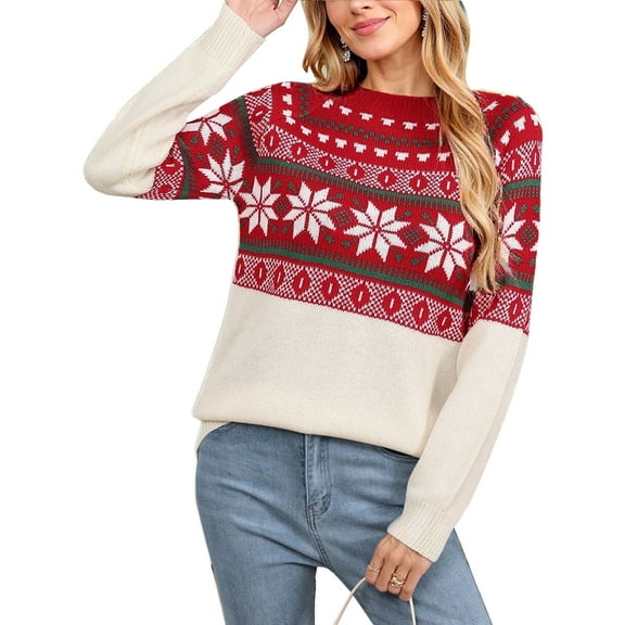 Womens Vintage Fair Isle Sweater Casual Loose Fall Winter Warm Knitted Pullover Sweaters Alsol Lamesa