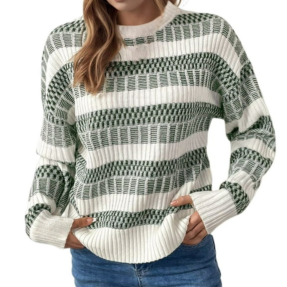 Womens Vintage Fair Isle Sweater Striped Casual Long Sleeve Knitted Pullover Print Crewneck Fashion Jumper Tops