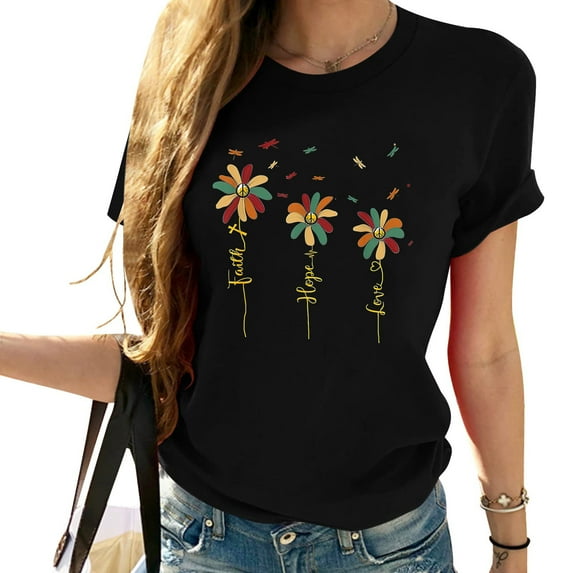 Womens Vintage Faith Hope Love Peace Sign Daisy Dragonfly Hippie T-Shirt Black 2XL