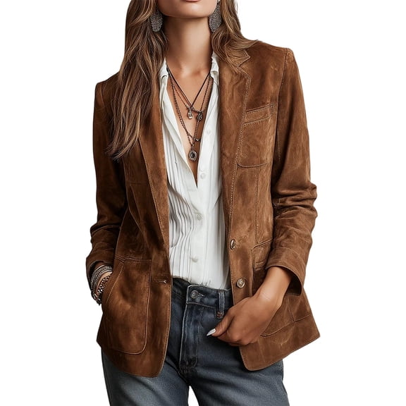 Womens Vintage Faux Suede Blazer Brown Long Sleeve Open Front Lapel Blazer Jackets with PocketsDark Brown L Dark Brown