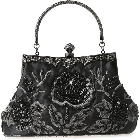 Womens Vintage Floral Beaded Rhinestone Embroidery Clutch Sequin Crossbody Bag Evening Handbag for Bridal Wedding Party Prom