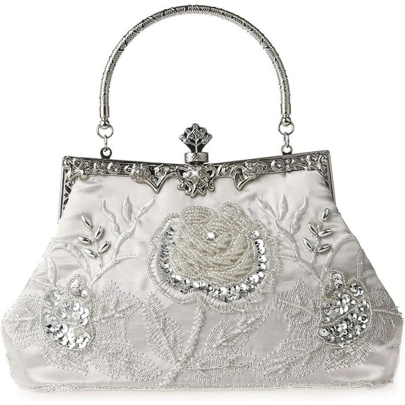 Womens Vintage Floral Beaded Rhinestone Embroidery Clutch Sequin Crossbody Bag Evening Handbag for Bridal Wedding Party Prom