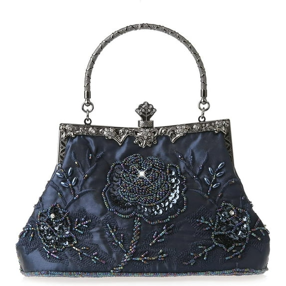 Womens Vintage Floral Beaded Rhinestone Embroidery Clutch Sequin Crossbody Bag Evening Handbag for Bridal Wedding Party Prom