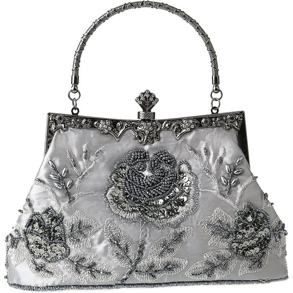 Womens Vintage Floral Beaded Rhinestone Embroidery Clutch Sequin Crossbody Bag Evening Handbag for Bridal Wedding Party Prom
