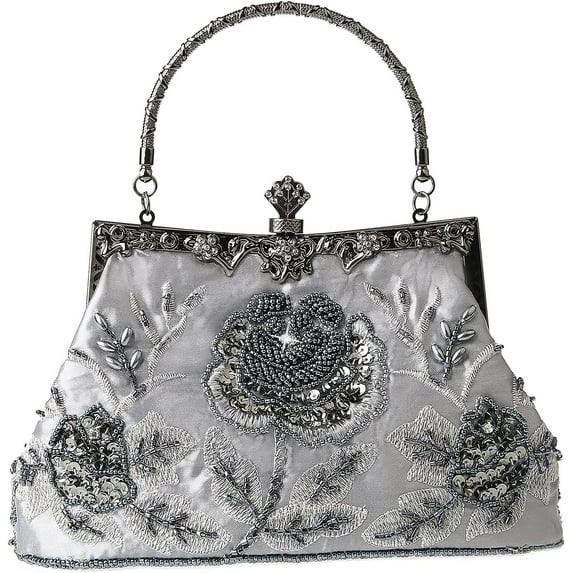 Womens Vintage Floral Beaded Rhinestone Embroidery Clutch Sequin Crossbody Bag Evening Handbag for Bridal Wedding Party Prom