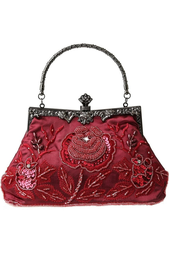 Womens Vintage Floral Beaded Rhinestone Embroidery Clutch Sequin Crossbody Bag Evening Handbag for Bridal Wedding Party Prom