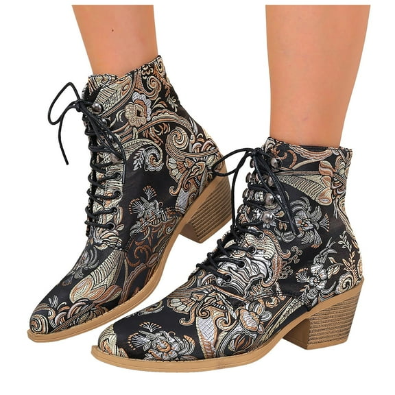 Womens Vintage Floral Embroidered Ankle Boots Lace Up Block Mid Heel Heighten Mid Calf Dress Booties