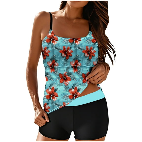 Womens Vintage Floral Modest Bathing Suits 2 Piece High Waist Tankini Swimsuits Quick Dry Blouson Swimwear Top Boy Shorts Mint Green, S