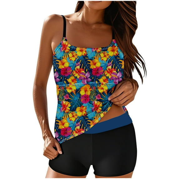 Womens Vintage Floral Modest Bathing Suits Quick Dry 2 Piece High Waist Tankini Swimsuits Blouson Swimwear Top Boy Shorts Khaki, L