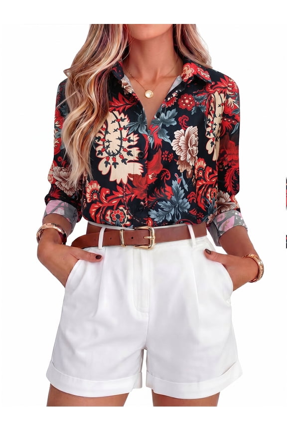Button Down Shirts for Women 3/4 Sleeve Tops V Neck Collared Blouses Business Casual Outfits Casual Beach vacation Boho Shirt