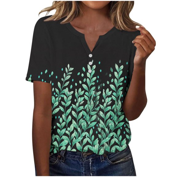 Womens Vintage Floral Print Tee Shirts Henley Neck T-Shirts Short Sleeve Tops Summer Casual Blouse Y2K 2025 Basic Tee Beach