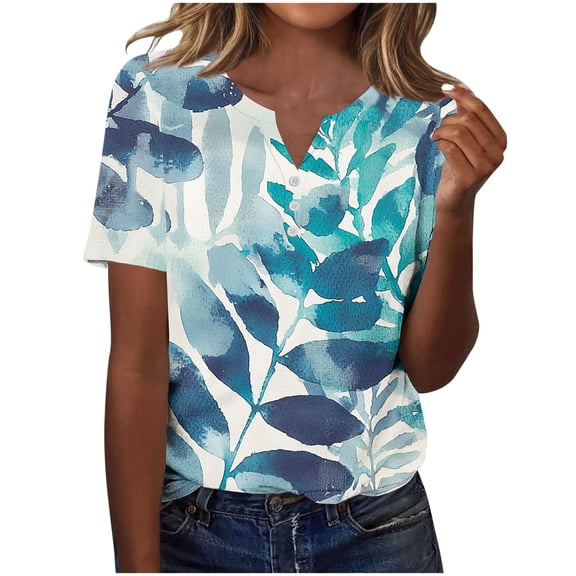 Womens Vintage Floral Print Tee Shirts Henley Neck T-Shirts Short Sleeve Tops Summer Casual Blouse Y2K 2025 Basic Tee Beach