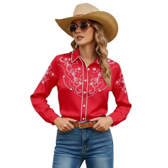 Womens Vintage Floral Western Shirt Long Sleeve Cowboy Cowgirl Button Down Shirt Tops